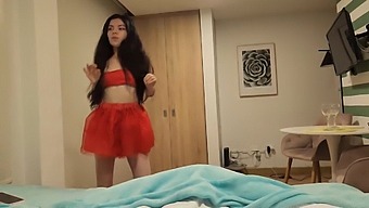 Stunning Lady In Red Skirt And Without Panties Craves Christmas Gift Of Intense Sex