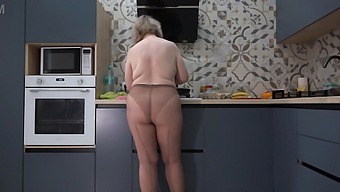 Behind The Scenes With A Curvy Wife In Nylon Pantyhose In The Kitchen